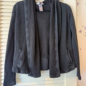 Hard Tail Washed Black Waffle Print Long Sleeve Hooded Open Top with Pockets M